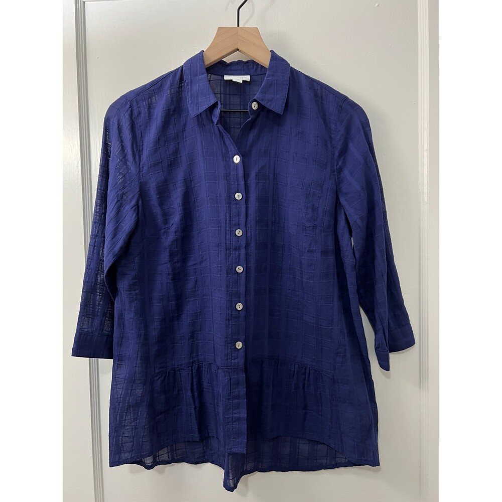J Jill Women's Blue 3/4 Sleeve Semi Sheer Peplum Button Up Shirt Size XS Petite
